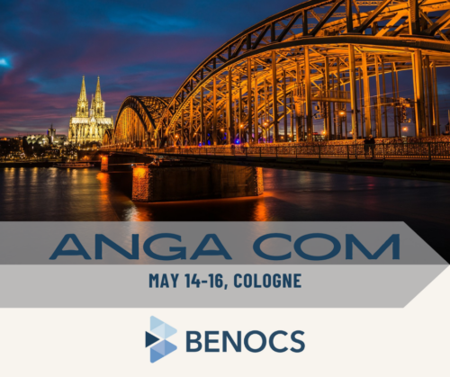 Evening view of a bridge across the Rhein River with the Cologne Cathedral in the background. The text reads: "ANGA COM, May 14-16, Cologne. At the bottom is the BENOCS logo.