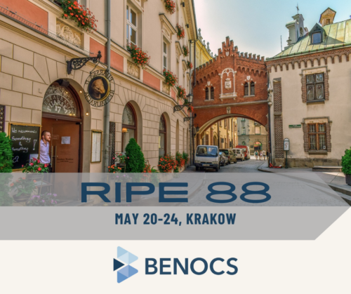 A picture of old buildings and a quiet street in Krakow, Poland. The text reads: RIPE 88, May 20-24, Krakow. At the bottom is the BENOCS logo.