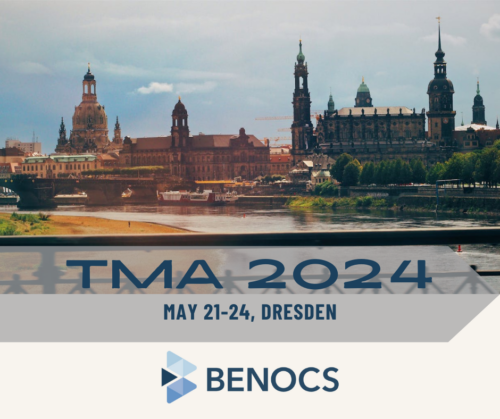 The city of Dresden in the background with the Elbe River in the foreground. The text reads: TMA 2024, May 21-24, Dresden. At the bottom the BENOCS logo.