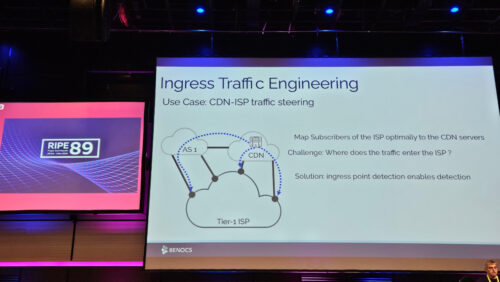 A presentation slide with the following text: Ingress Traffic Engingeering. Use Case: CDN-ISP traffic-steering. Map Subscribers of the ISP optimally to the CDN servers. Challenge: Where does the traffic enter the ISP? Solution: ingress point detection enable detection...