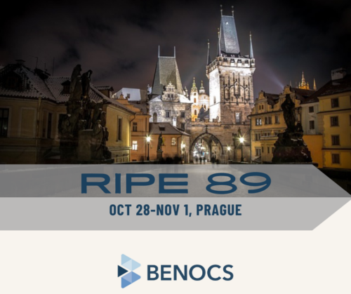 Prague buildings lit up at nighttime. The text reads: RIPE 89, Oct 28-Nov 1, Prague. At the bottom is the BENOCS logo.