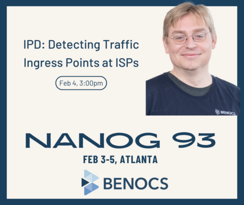 At the top-right a photo of BENOCS CTO Ingmar Poese. The text reads: IPD: Ingress Point Detection at ISPs, Feb 4 3:00pm. NANOG 93, Feb 3-5, Atlanta. At the bottom ist hte BENOCS logo.